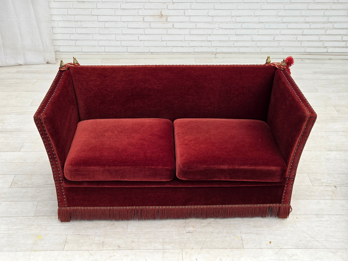 1970s, Danish 2-seater drop arm "Spanish" sofa, furniture velour.