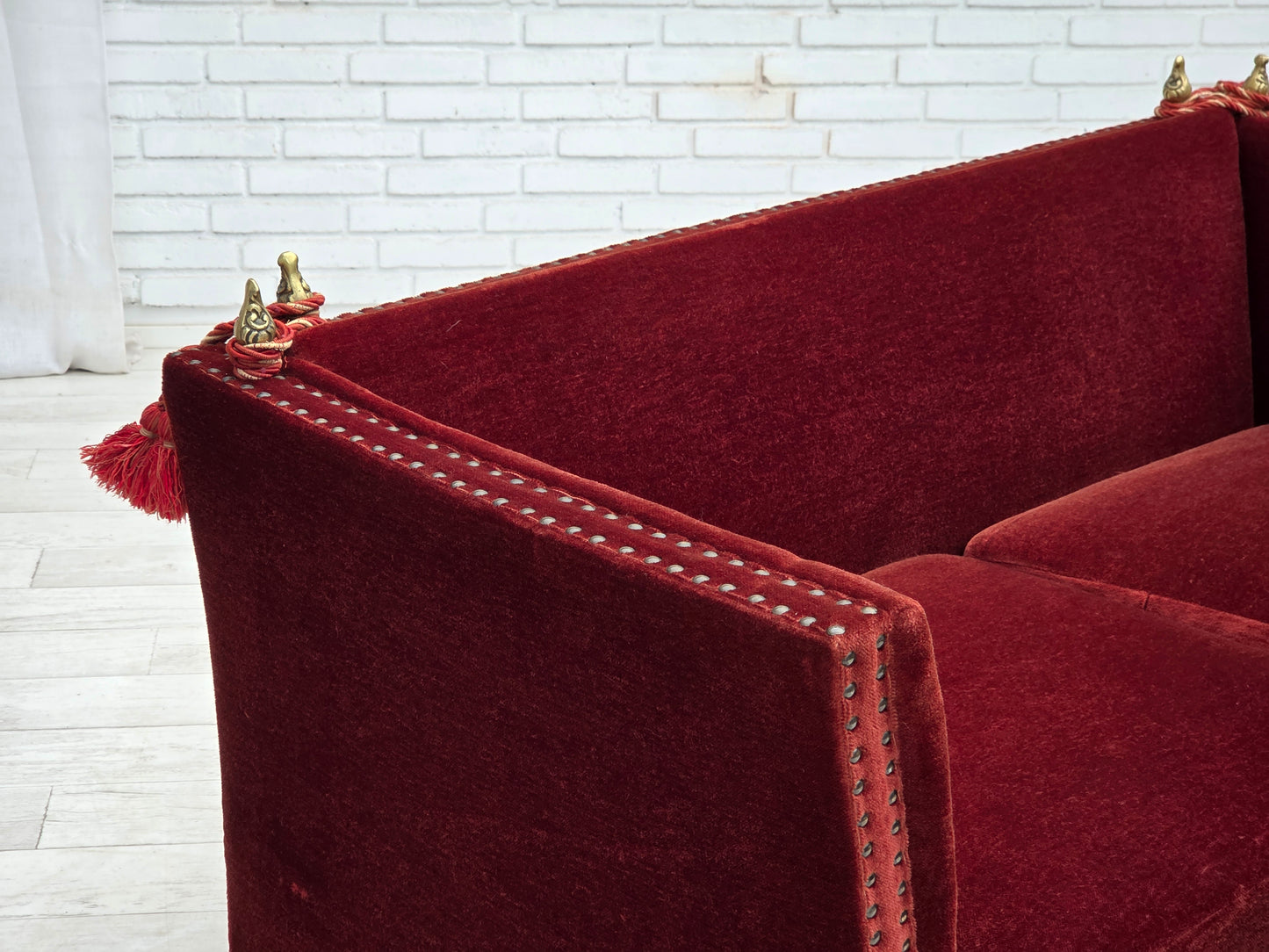 1970s, Danish 2-seater drop arm "Spanish" sofa, furniture velour.