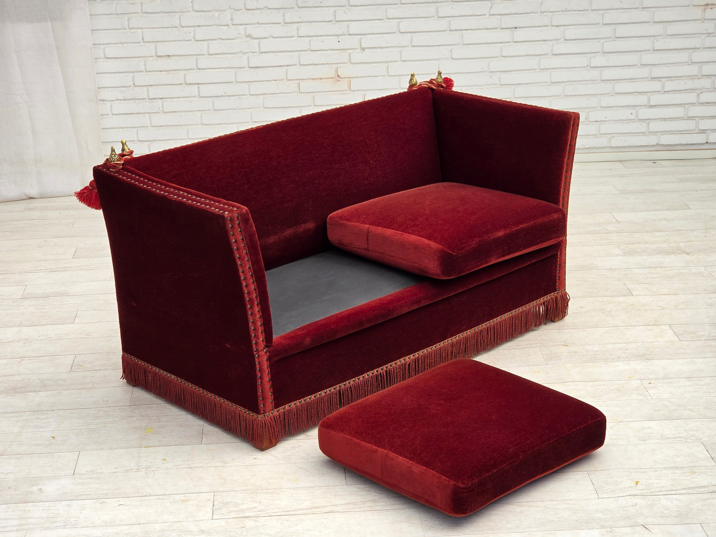 1970s, Danish 2-seater drop arm "Spanish" sofa, furniture velour.