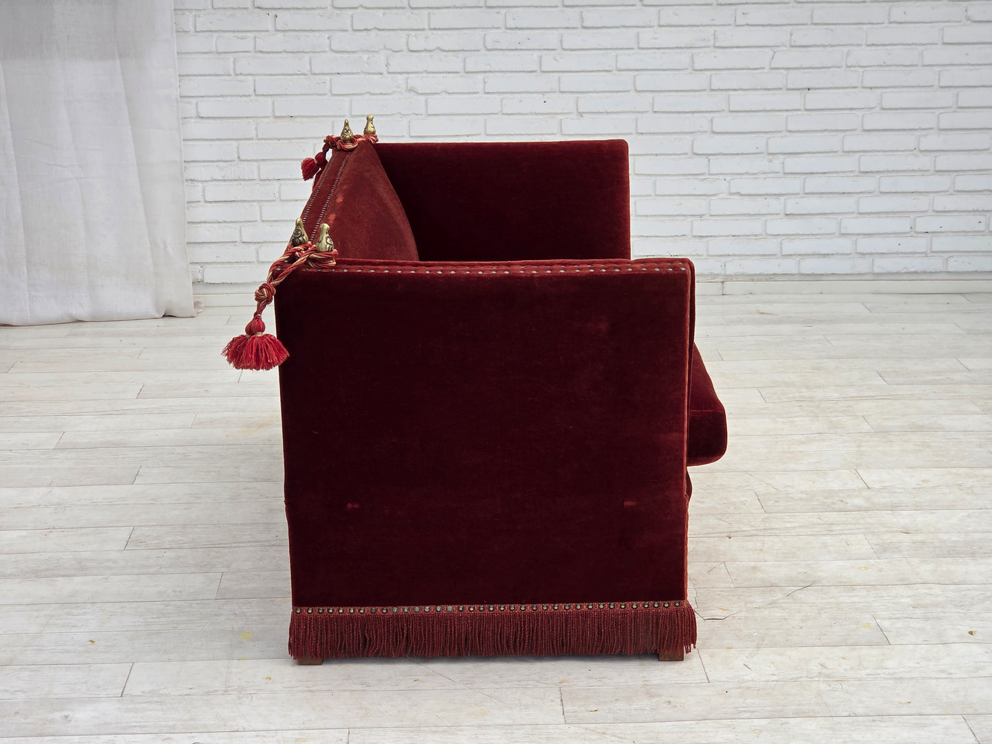 1970s, Danish 2-seater drop arm "Spanish" sofa, furniture velour.