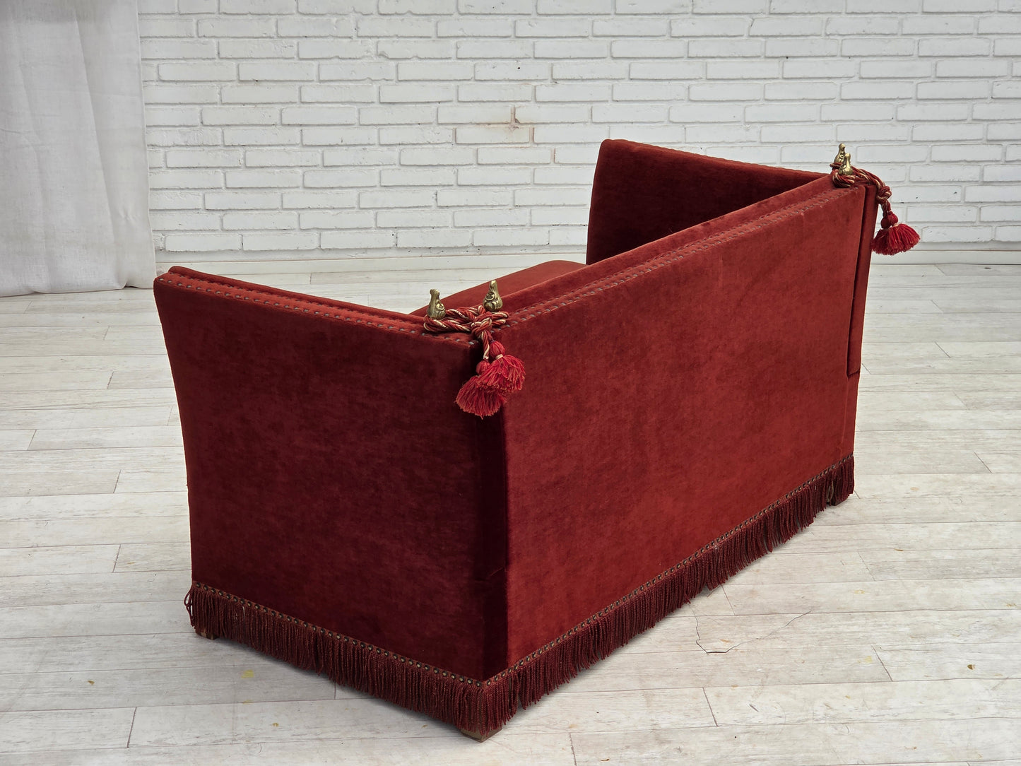 1970s, Danish 2-seater drop arm "Spanish" sofa, furniture velour.