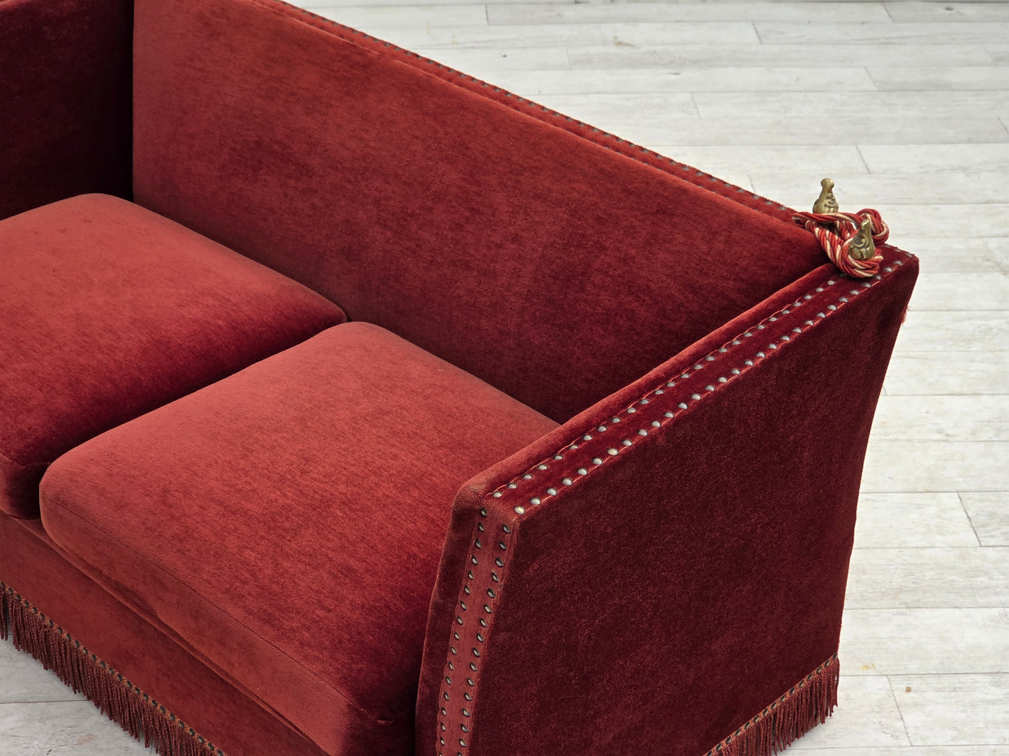 1970s, Danish 2-seater drop arm "Spanish" sofa, furniture velour.