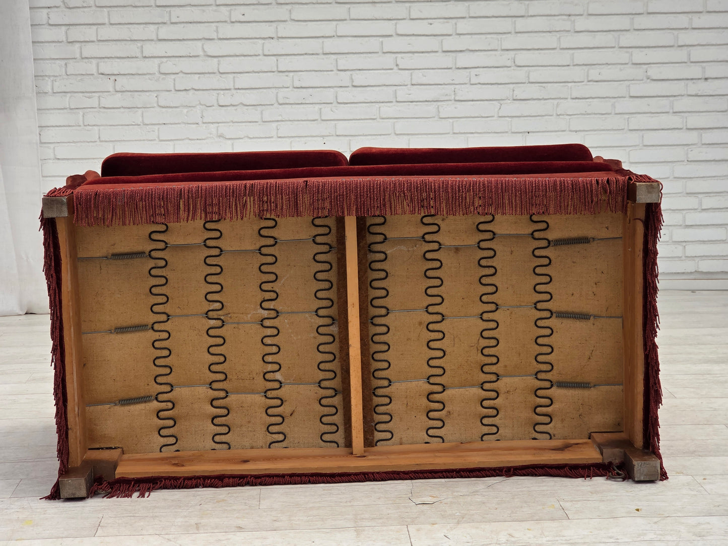 1970s, Danish 2-seater drop arm "Spanish" sofa, furniture velour.