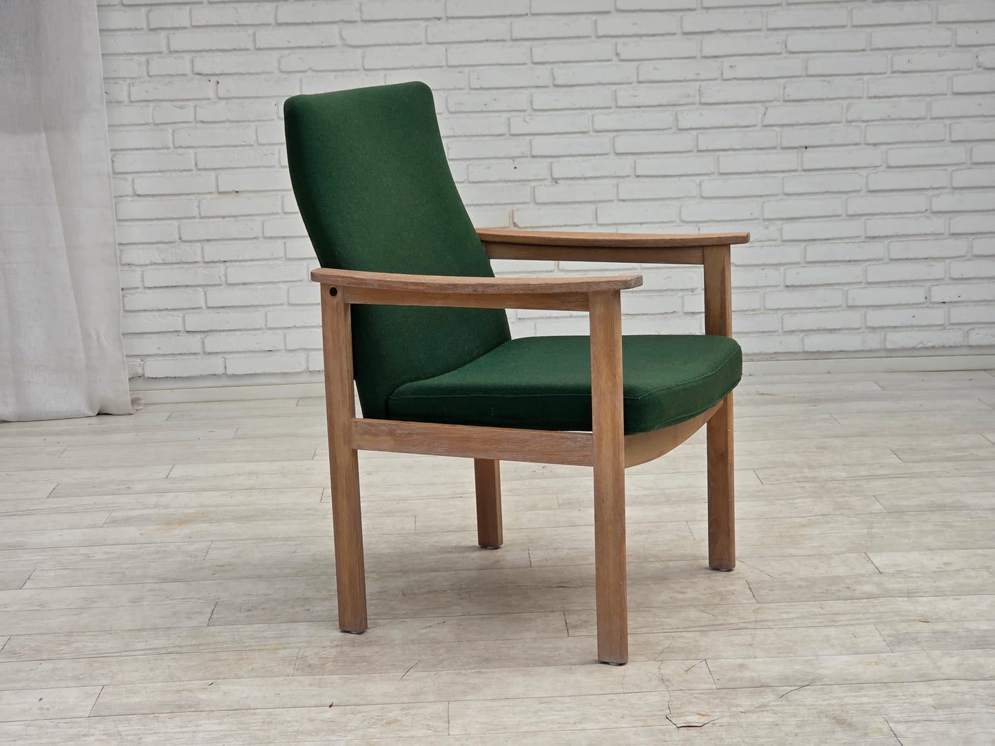1980s, Danish armchair by Høng Stole, green furniture wool, oak wood.