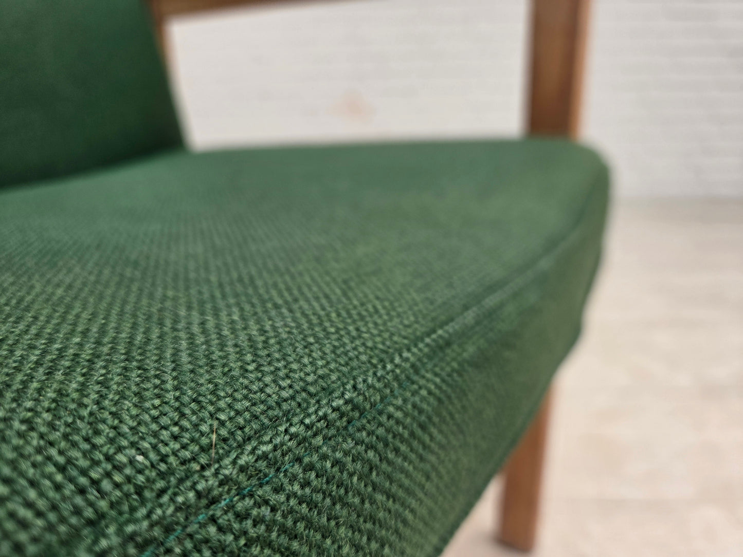 1980s, Danish armchair by Høng Stole, green furniture wool, oak wood.