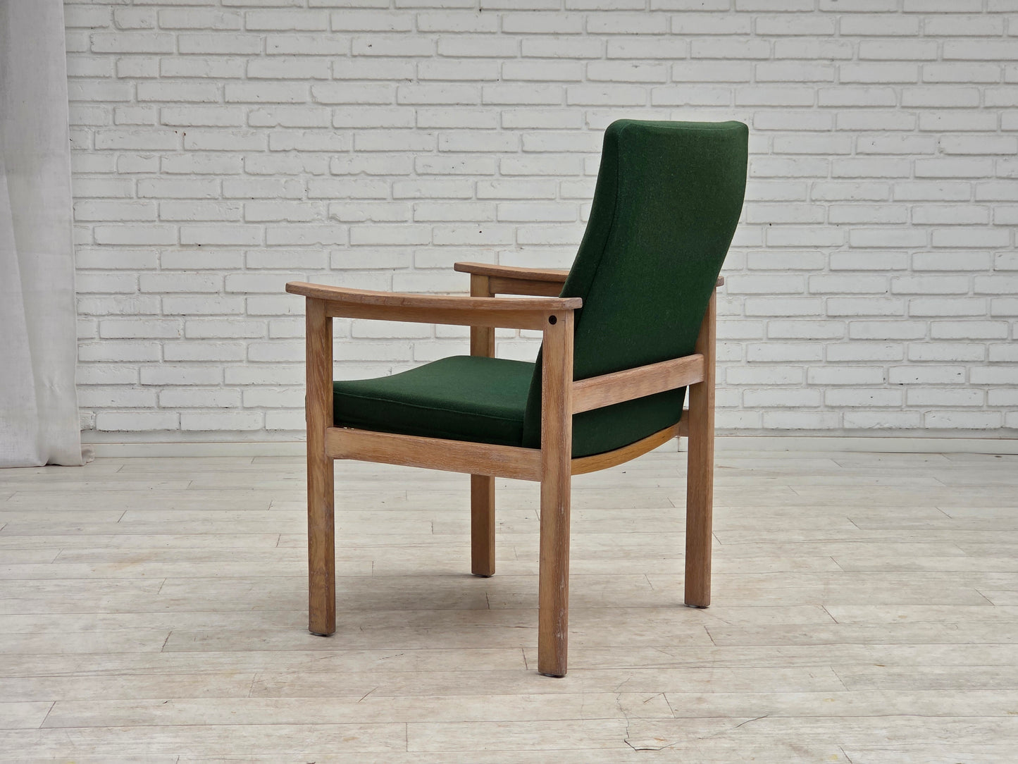 1980s, Danish armchair by Høng Stole, green furniture wool, oak wood.