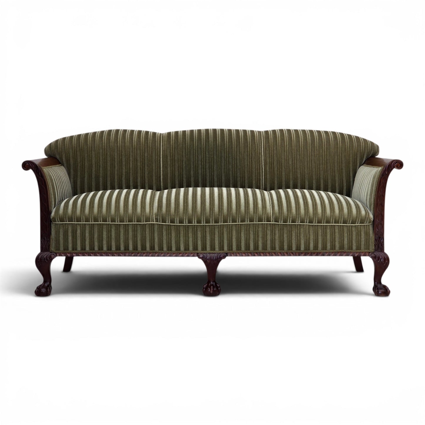 1950s, 3-seater Danish sofa, green furniture velour, teak wood.