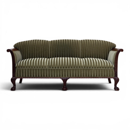 1950s, 3-seater Danish sofa, green furniture velour, teak wood.