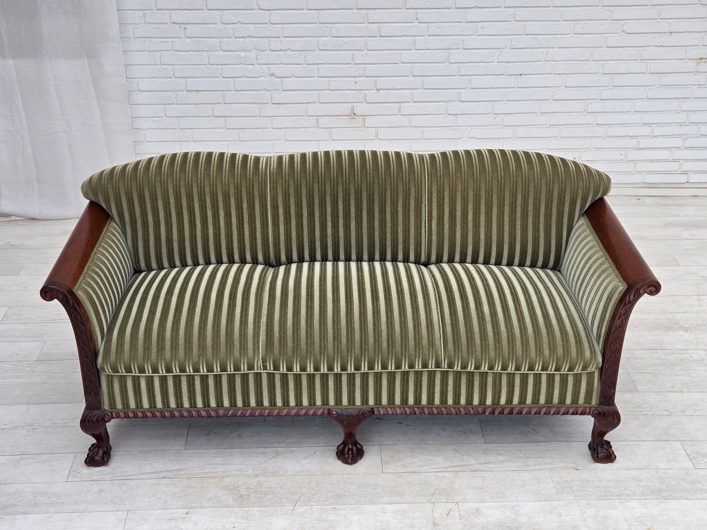 1950s, 3-seater Danish sofa, green furniture velour, teak wood.