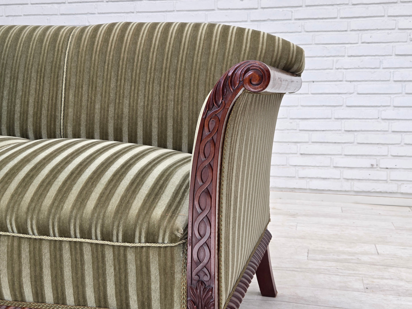 1950s, 3-seater Danish sofa, green furniture velour, teak wood.