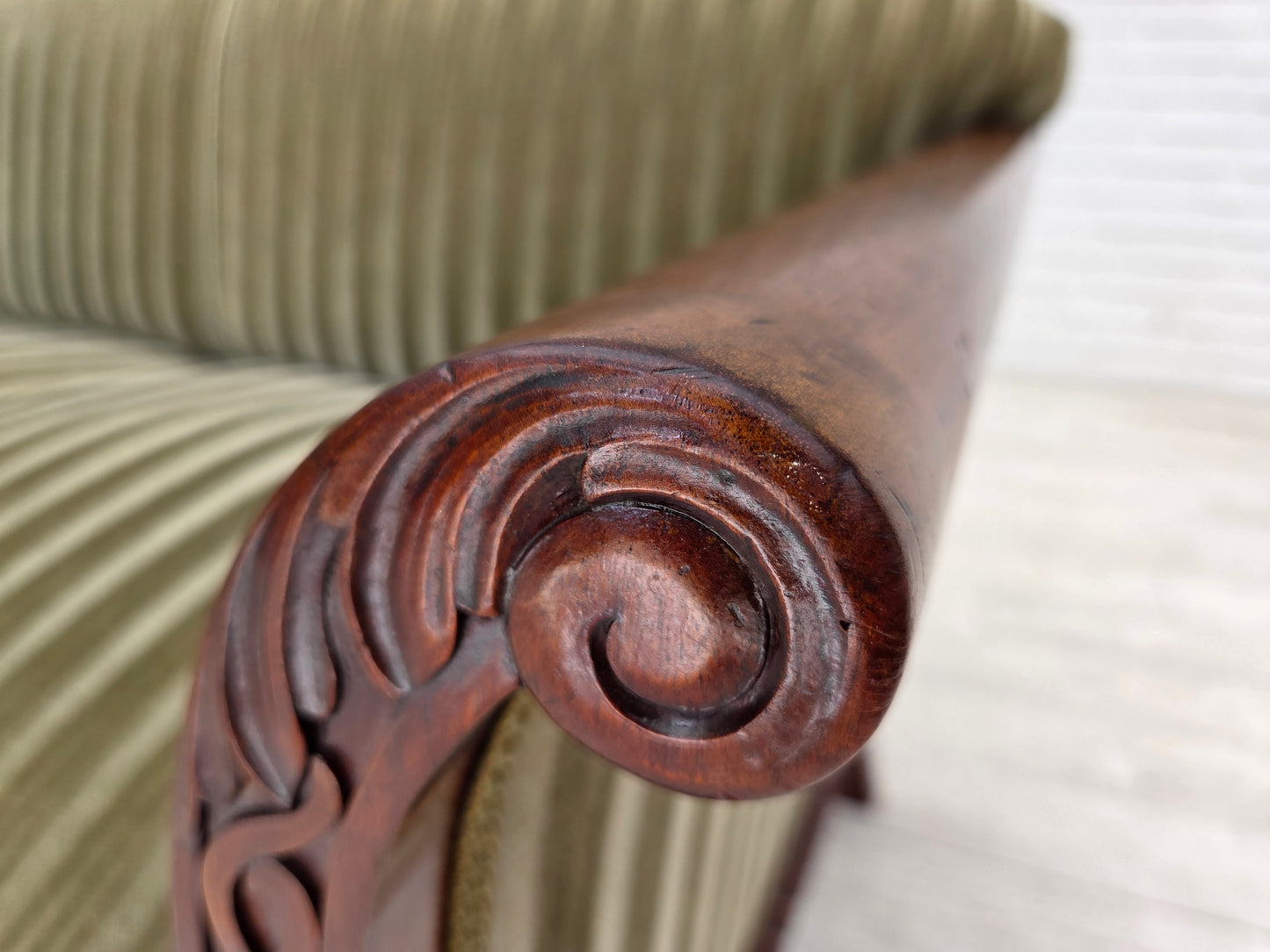 1950s, 3-seater Danish sofa, green furniture velour, teak wood.