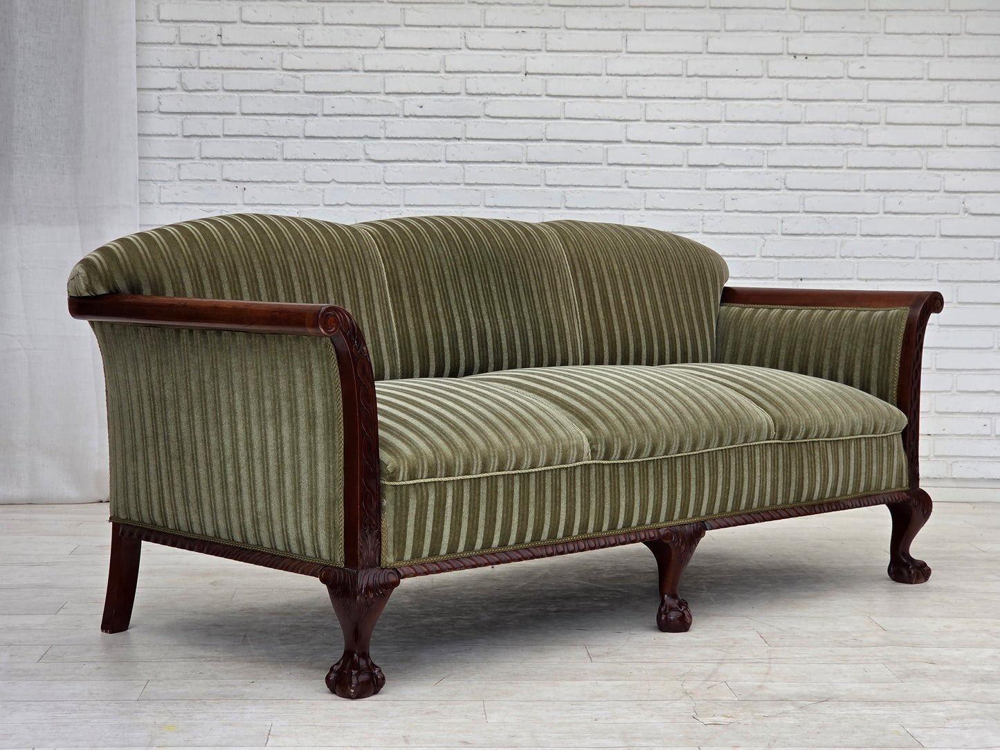 1950s, 3-seater Danish sofa, green furniture velour, teak wood.