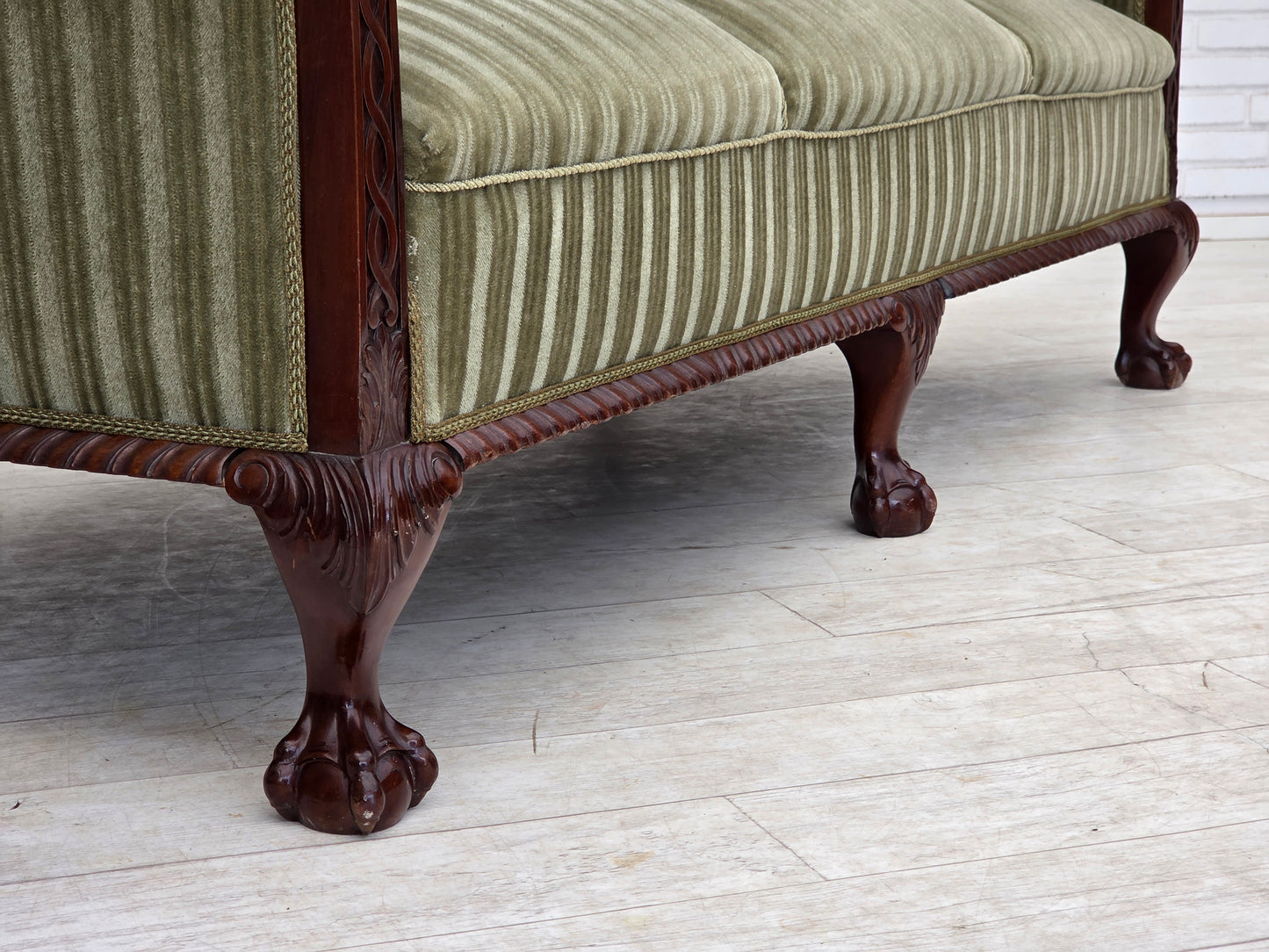 1950s, 3-seater Danish sofa, green furniture velour, teak wood.
