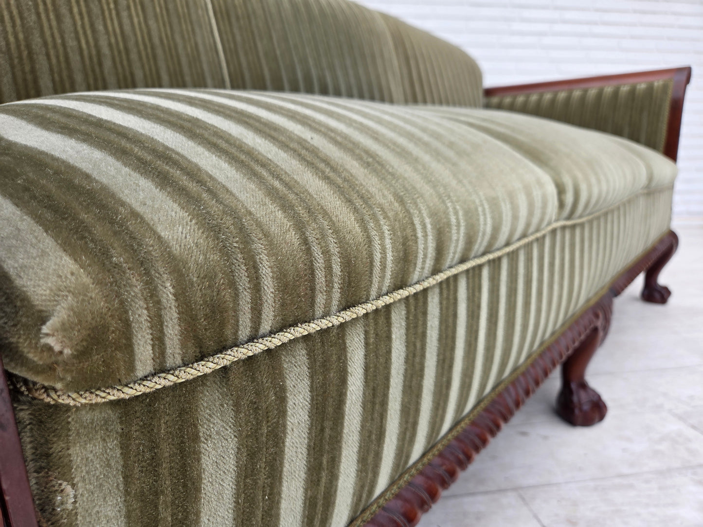 1950s, 3-seater Danish sofa, green furniture velour, teak wood.