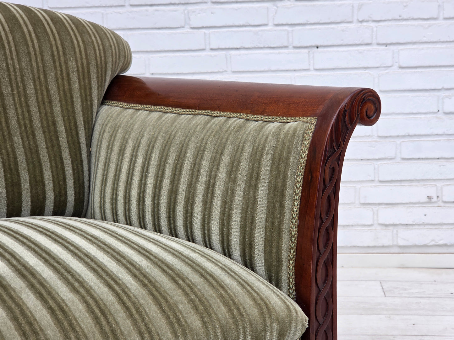 1950s, 3-seater Danish sofa, green furniture velour, teak wood.