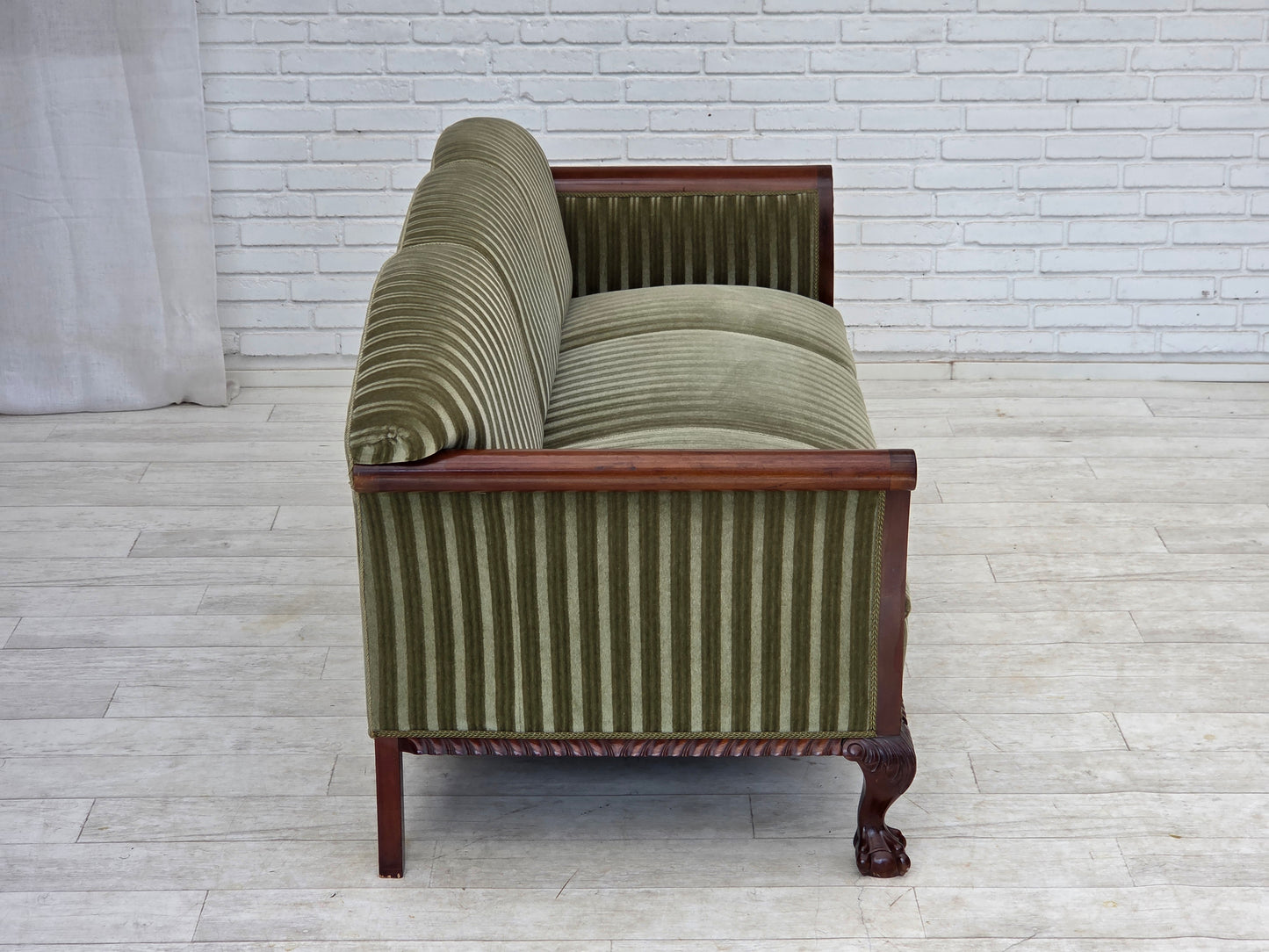 1950s, 3-seater Danish sofa, green furniture velour, teak wood.