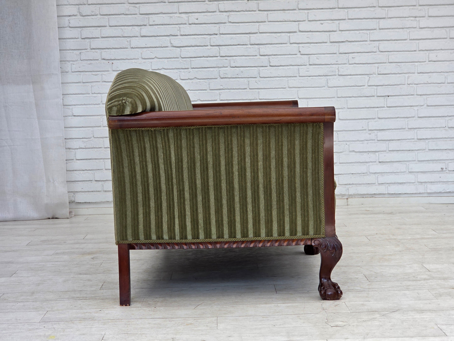 1950s, 3-seater Danish sofa, green furniture velour, teak wood.