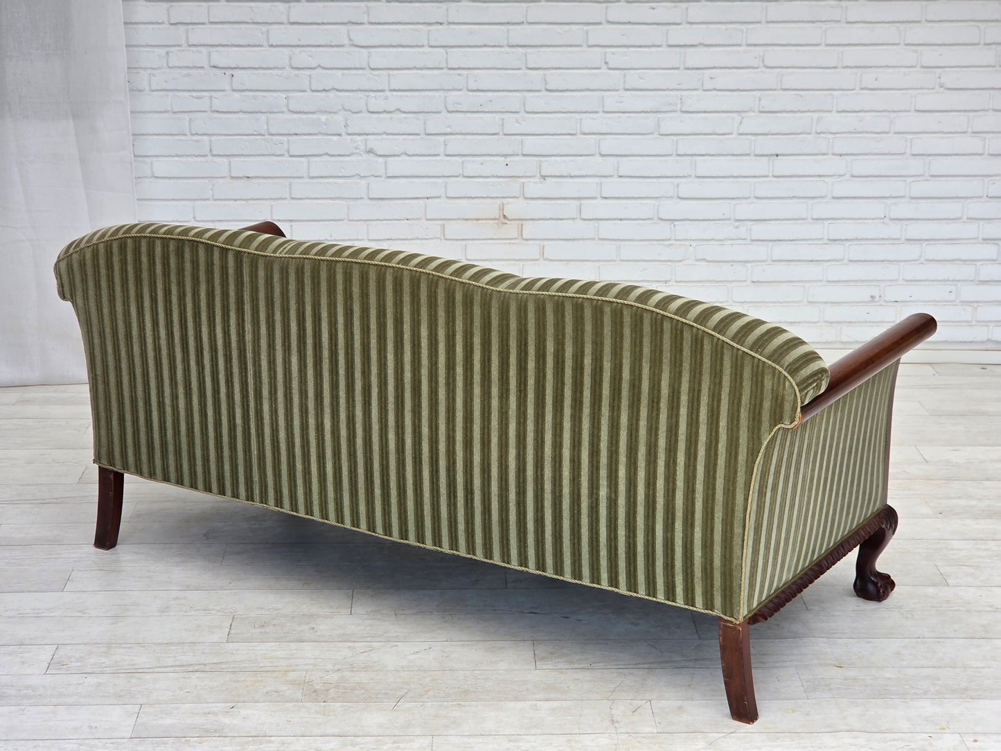 1950s, 3-seater Danish sofa, green furniture velour, teak wood.