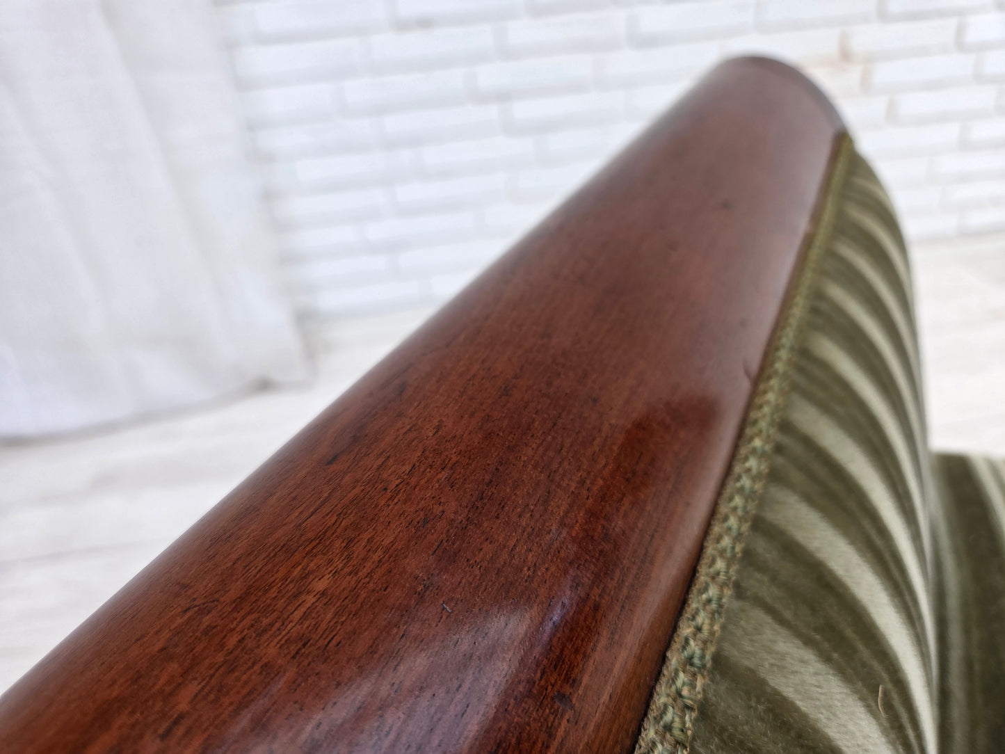 1950s, 3-seater Danish sofa, green furniture velour, teak wood.
