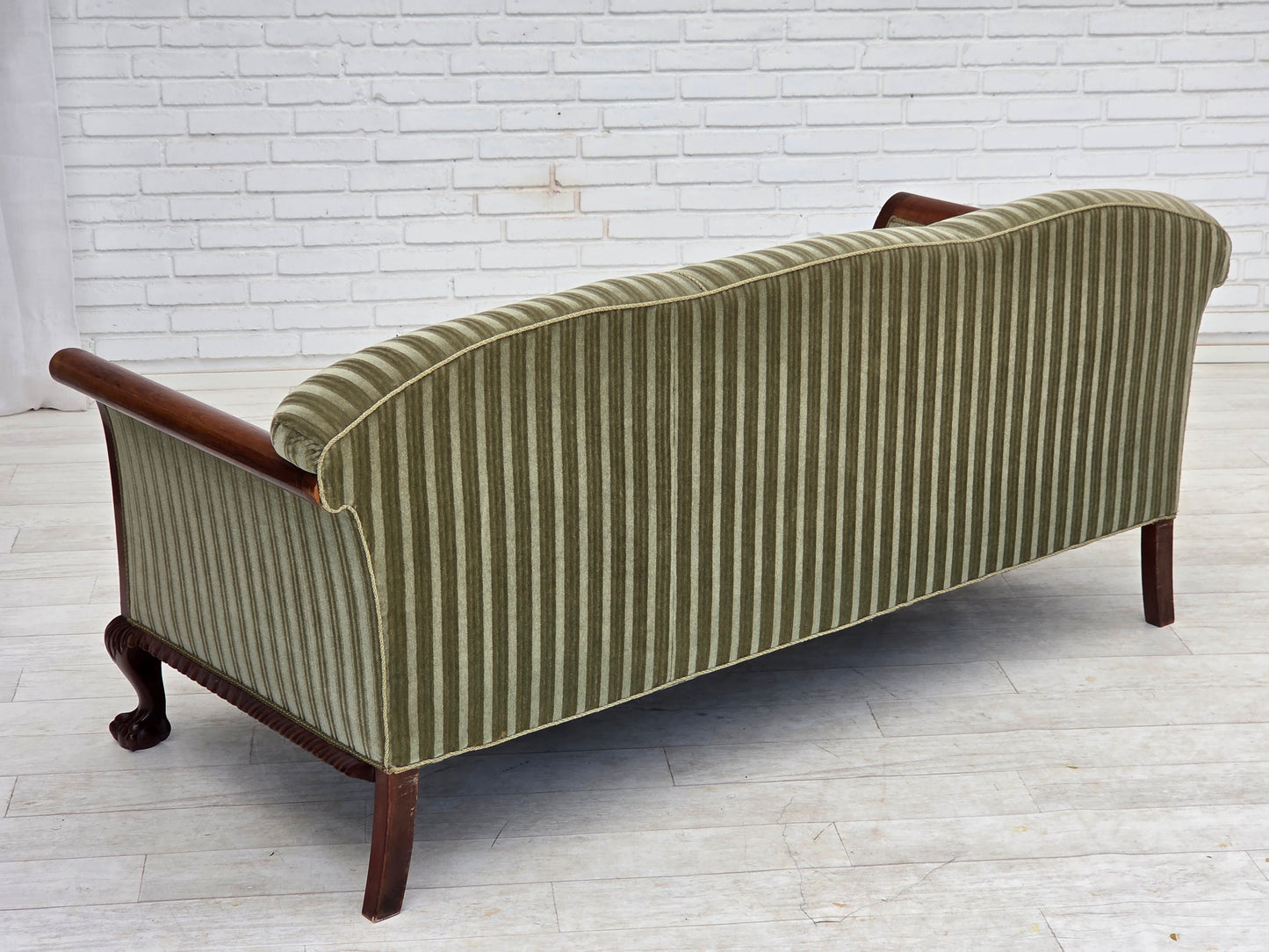 1950s, 3-seater Danish sofa, green furniture velour, teak wood.