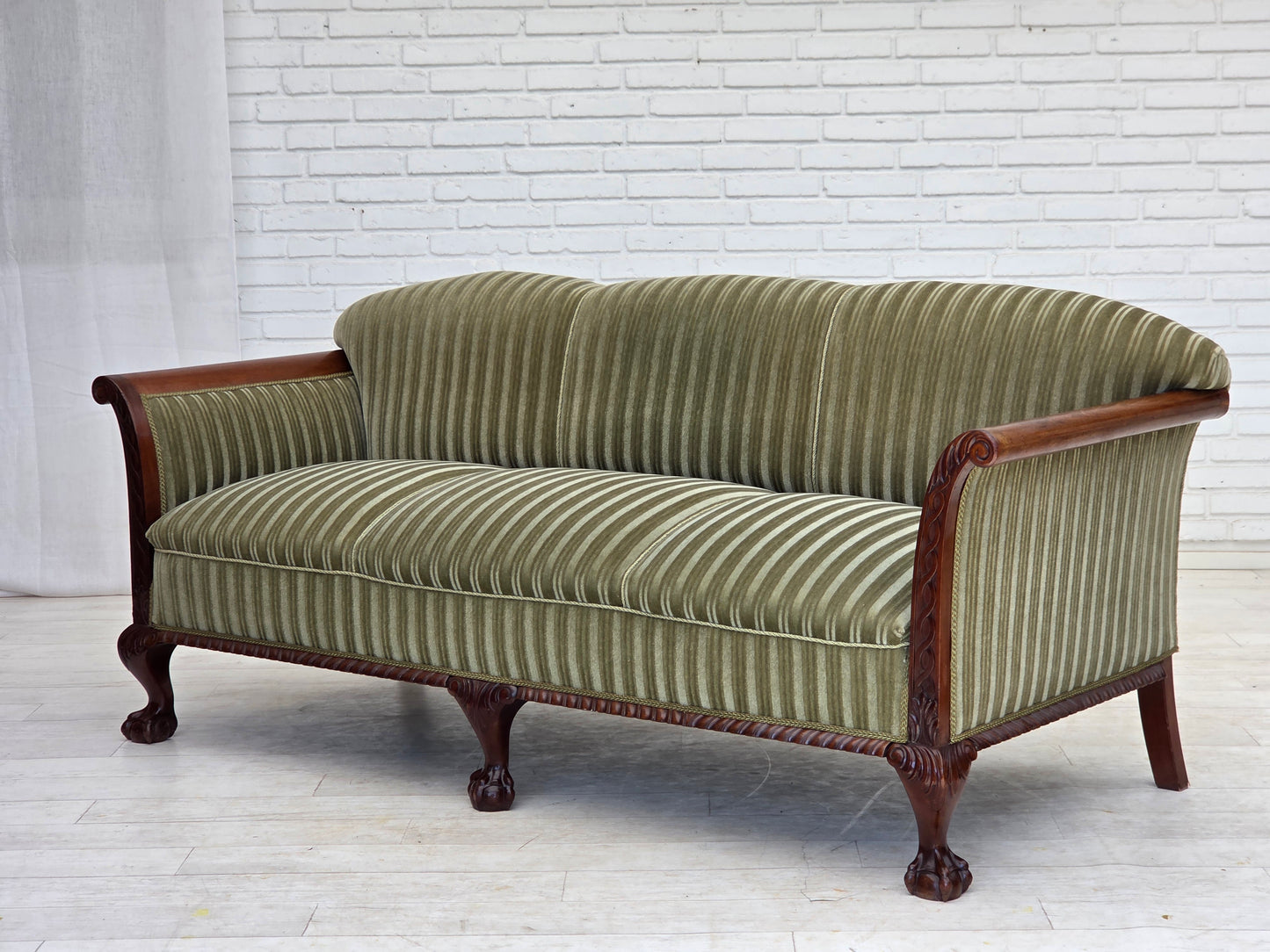 1950s, 3-seater Danish sofa, green furniture velour, teak wood.