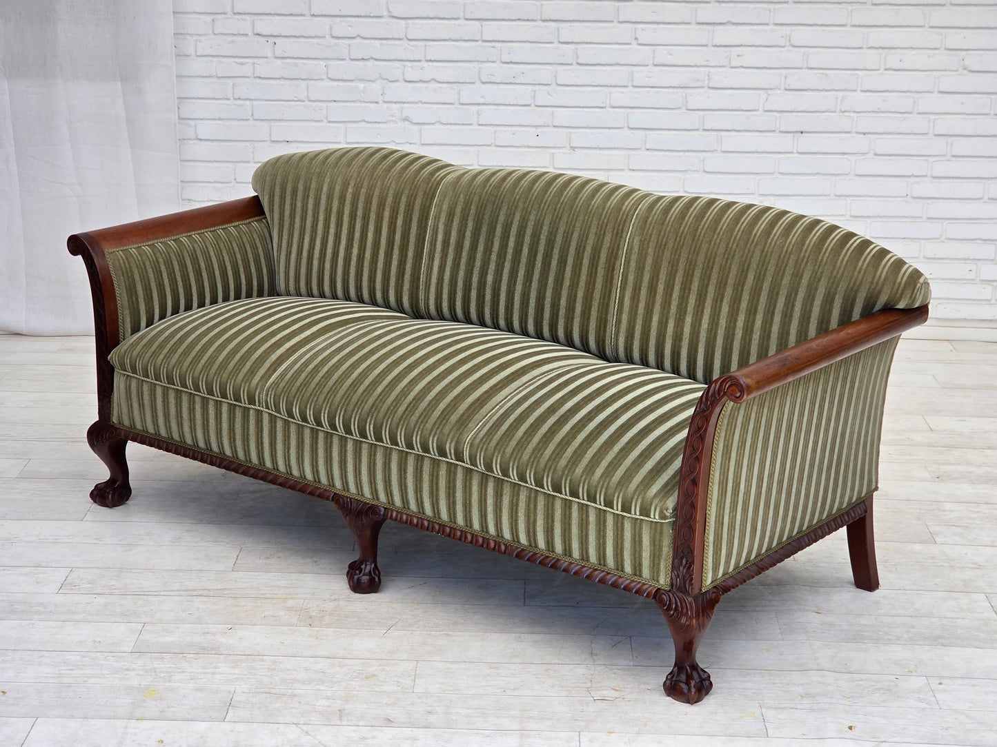 1950s, 3-seater Danish sofa, green furniture velour, teak wood.