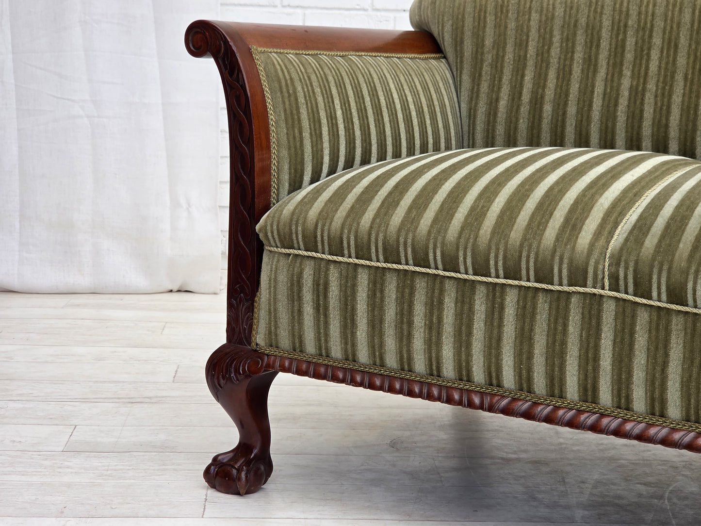 1950s, 3-seater Danish sofa, green furniture velour, teak wood.