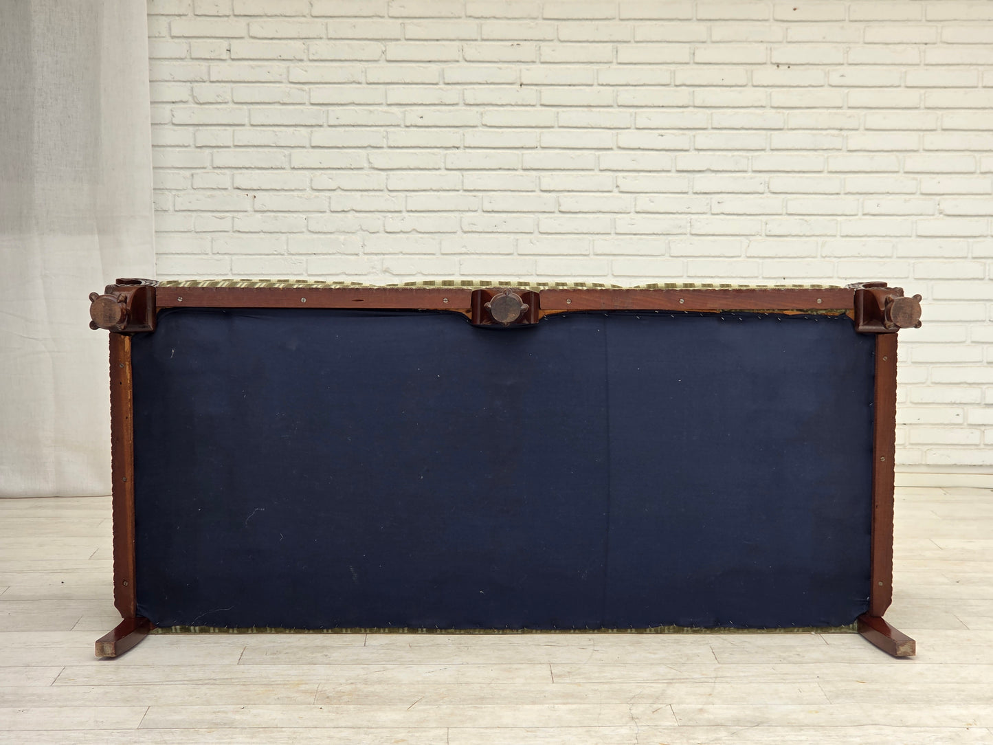 1950s, 3-seater Danish sofa, green furniture velour, teak wood.