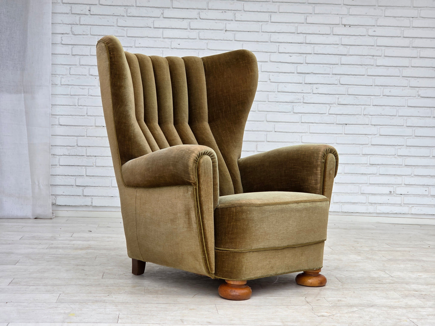 1960s, Danish highback relax armchair, green furniture velour.