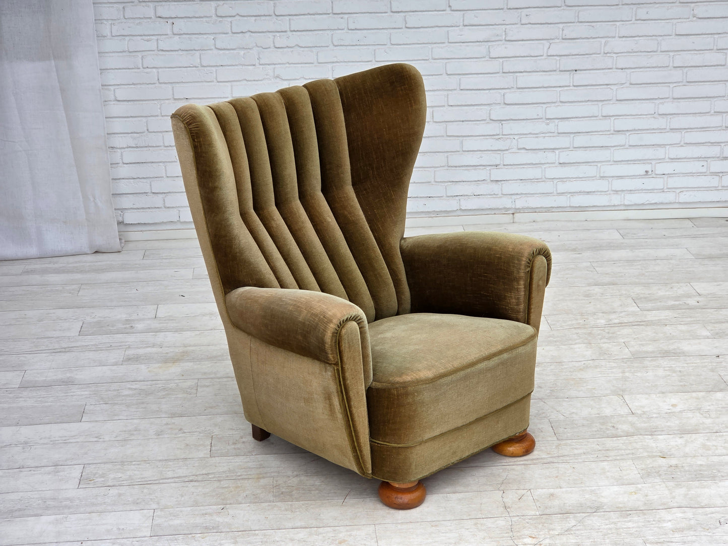 1960s, Danish highback relax armchair, green furniture velour.