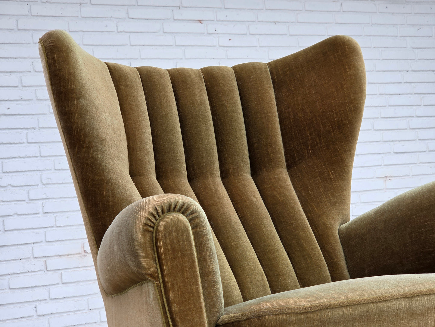 1960s, Danish highback relax armchair, green furniture velour.