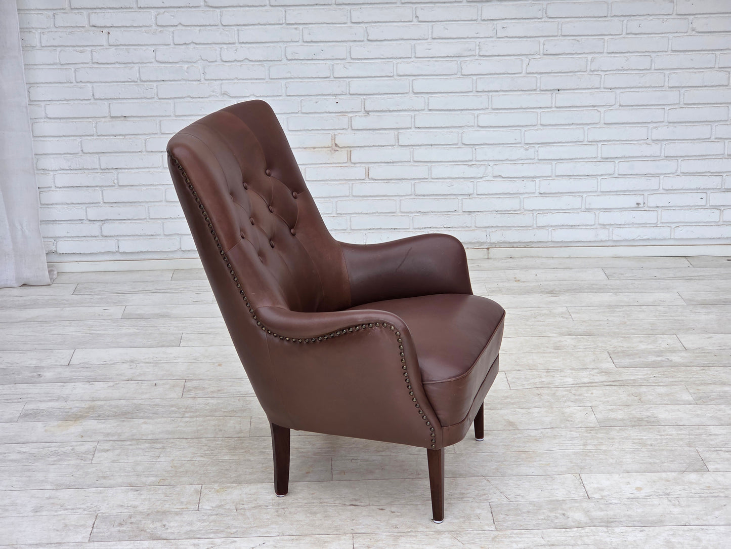 1970s, Danish armchair, original brown furniture leather.