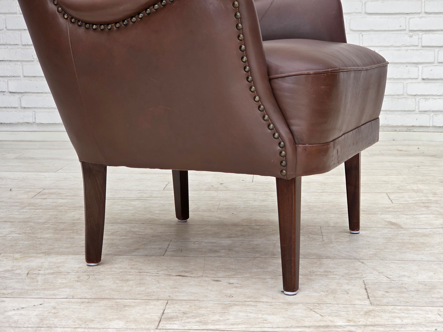 1970s, Danish armchair, original brown furniture leather.