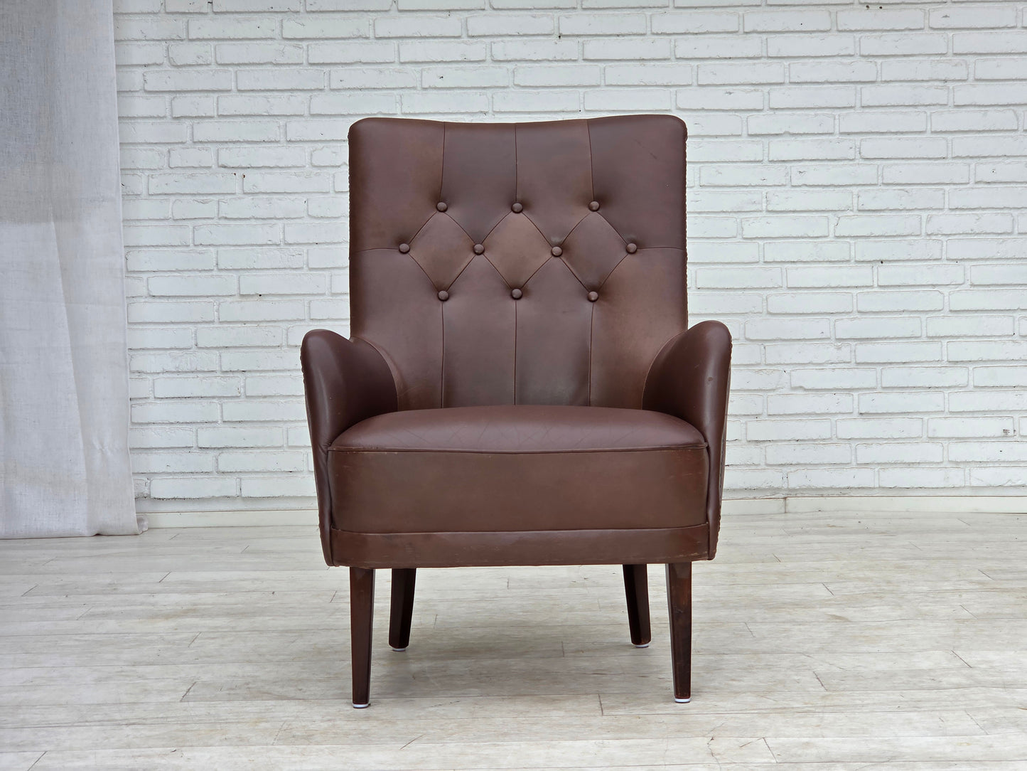 1970s, Danish armchair, original brown furniture leather.