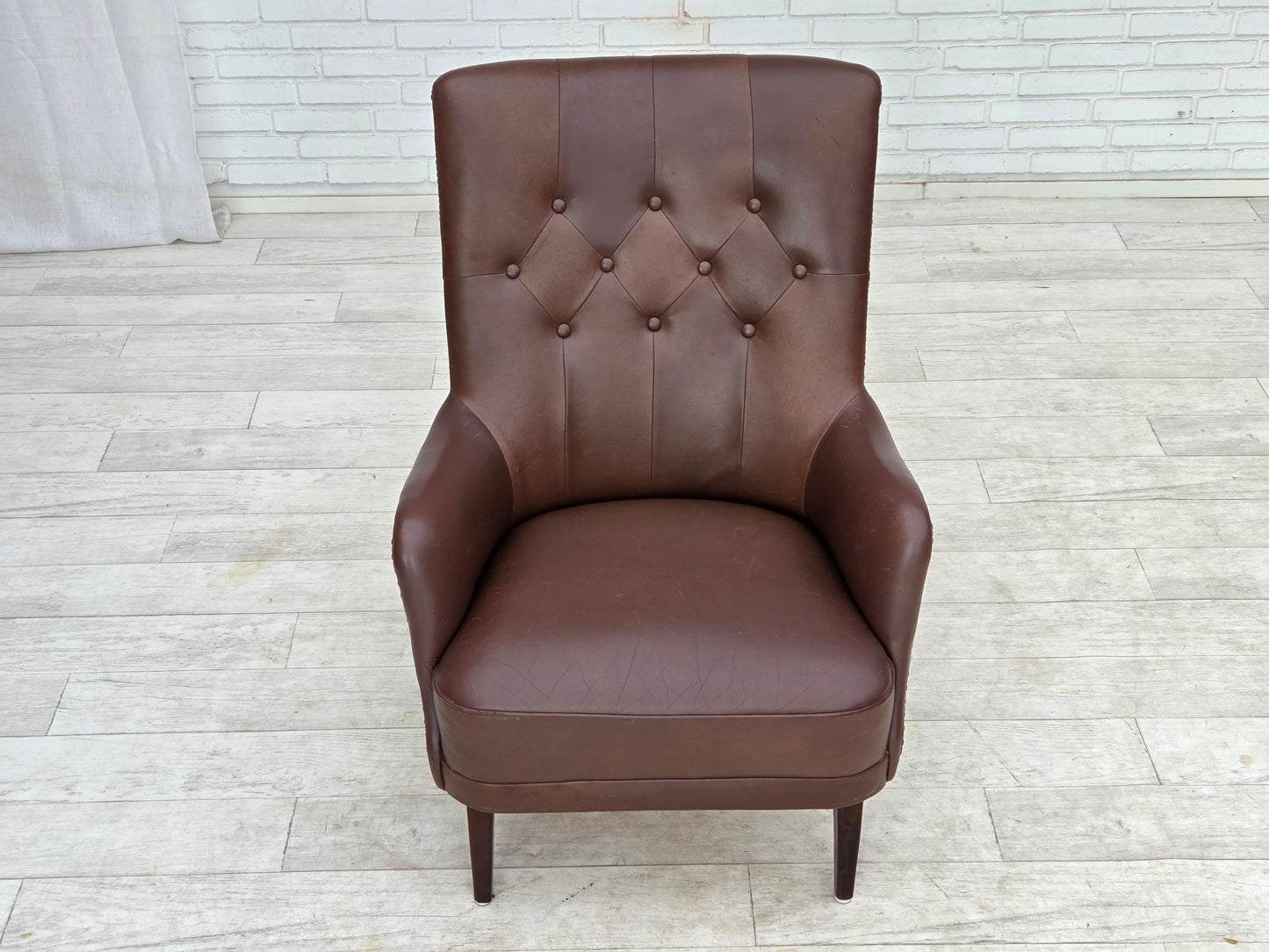 1970s, Danish armchair, original brown furniture leather.