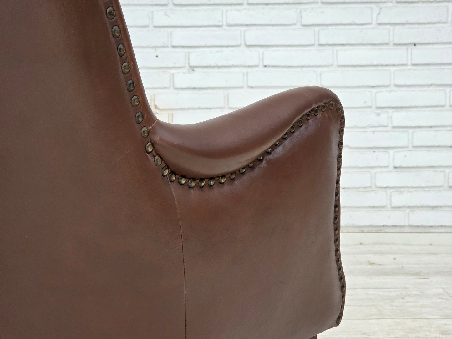 1970s, Danish armchair, original brown furniture leather.