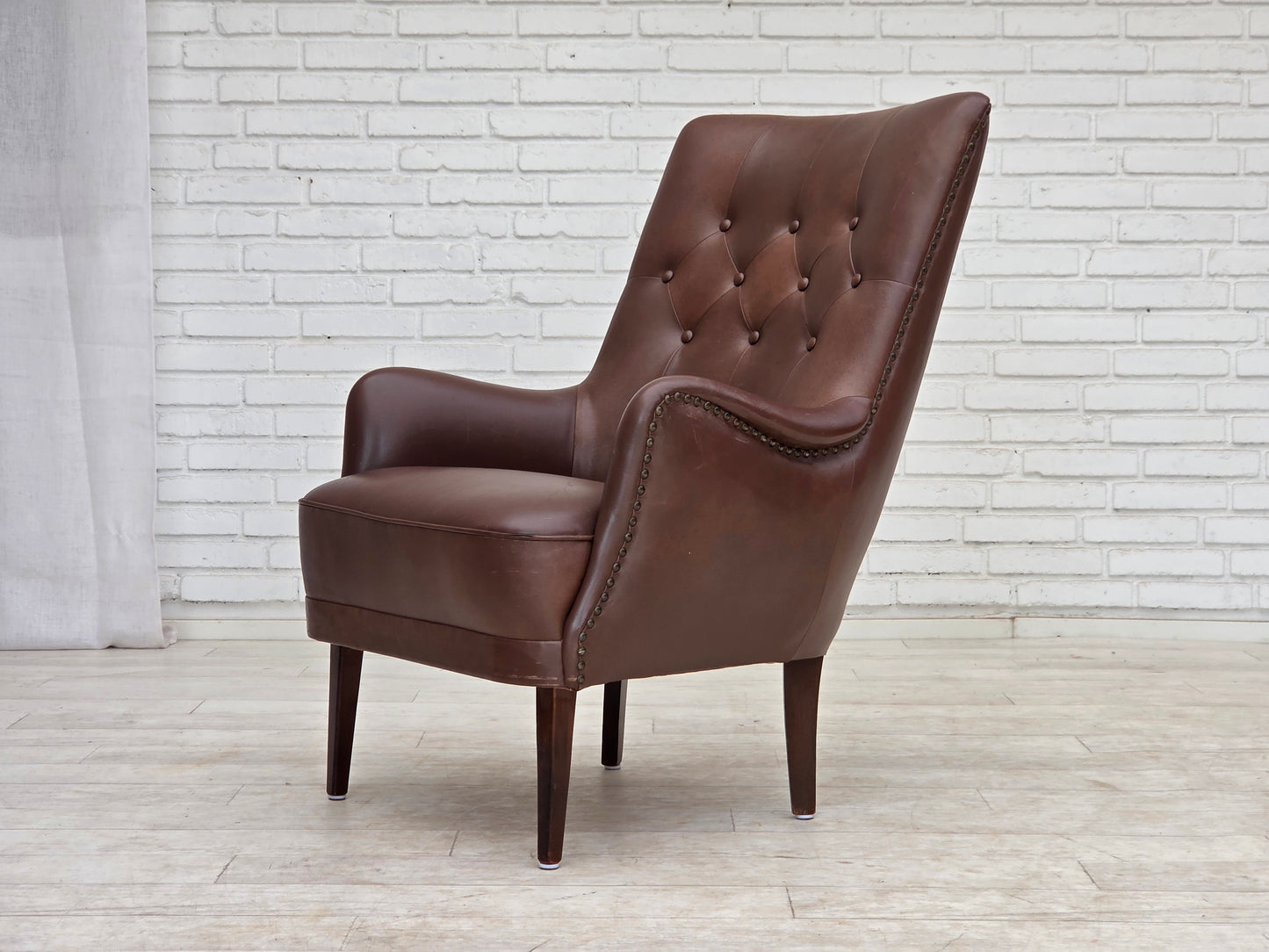 1970s, Danish armchair, original brown furniture leather.