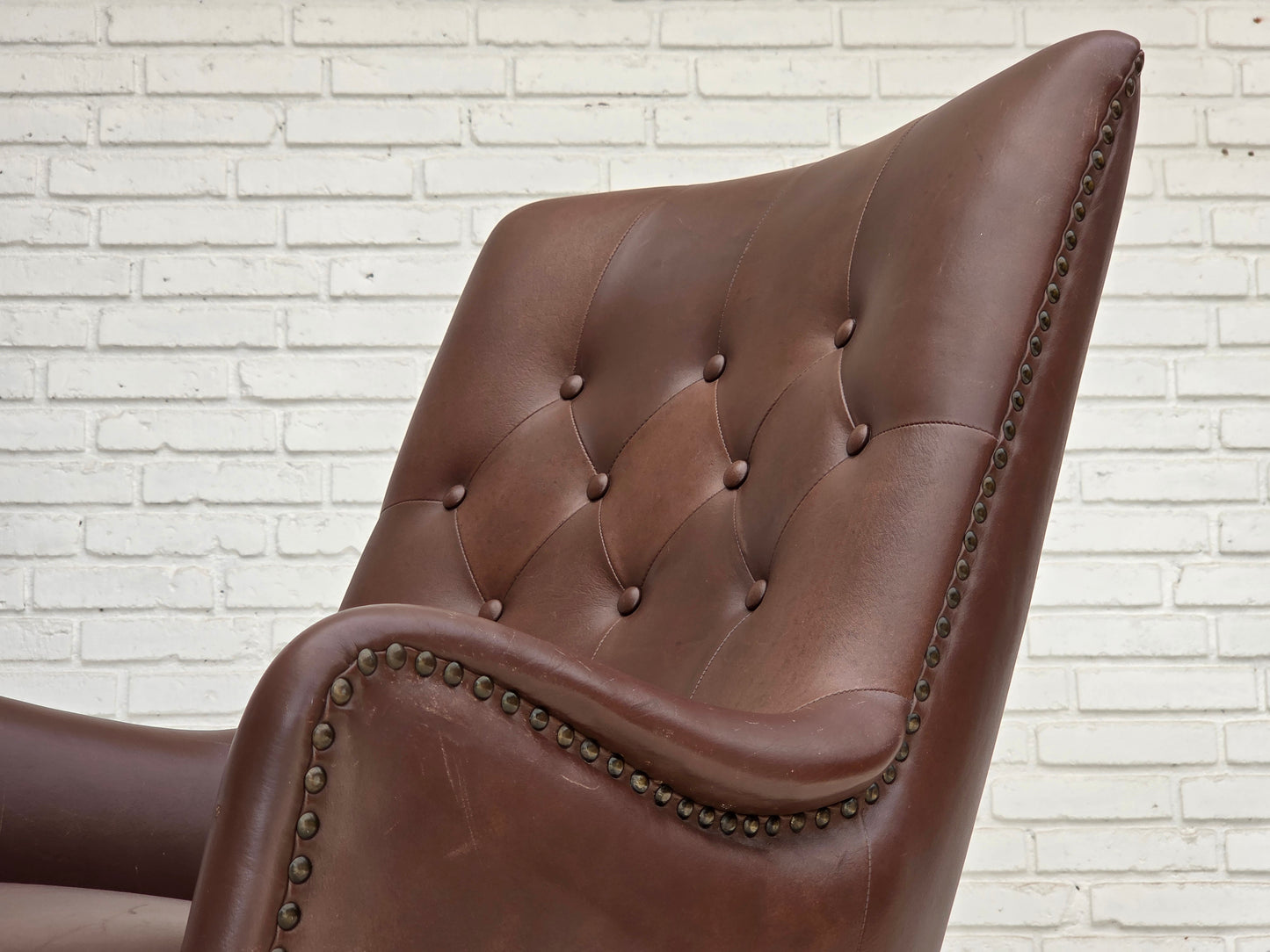 1970s, Danish armchair, original brown furniture leather.