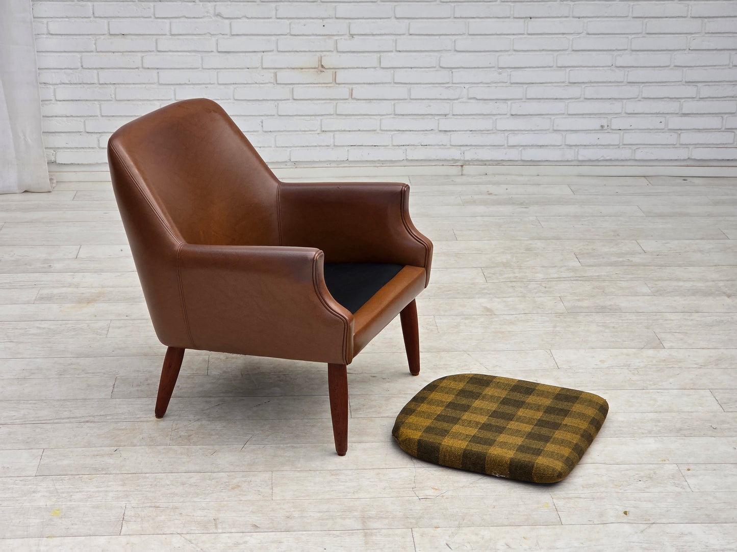 1970s, Danish armchair, artificial leather, teak wood legs.
