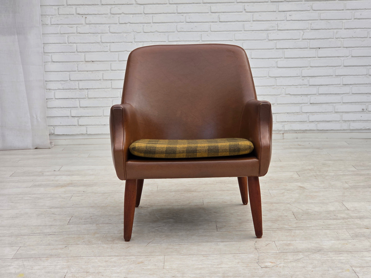 1970s, Danish armchair, artificial leather, teak wood legs.