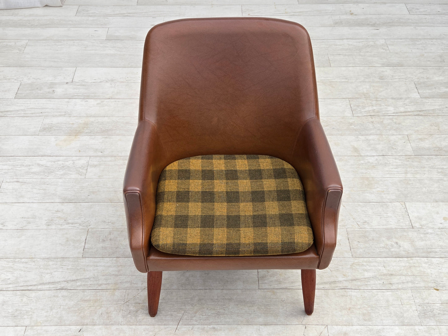 1970s, Danish armchair, artificial leather, teak wood legs.