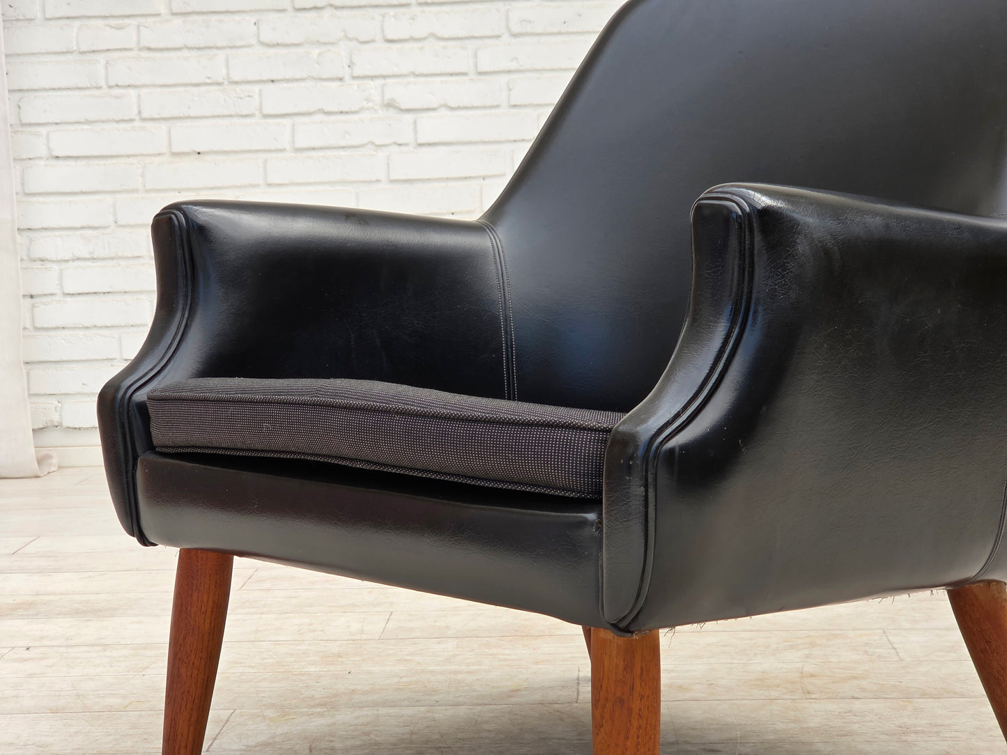 1970s, Danish armchair, artificial leather, teak wood legs.