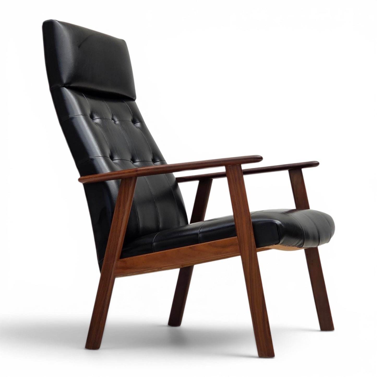 1970s, Danish armchair, black artificial leather, teak wood.