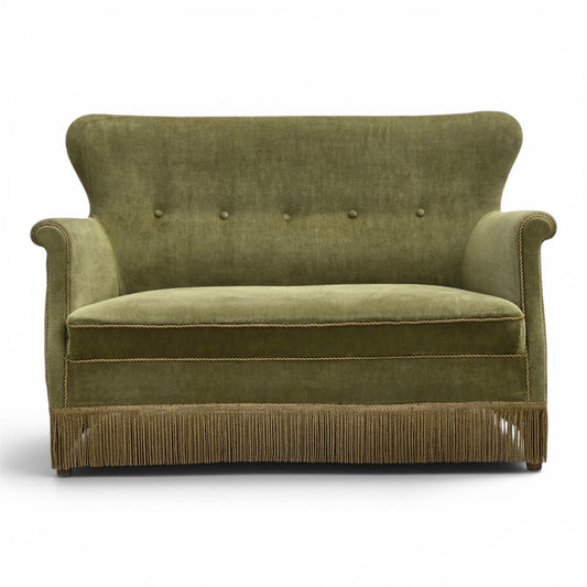 1970s, Danish 2-seater sofa, light green furniture velour.