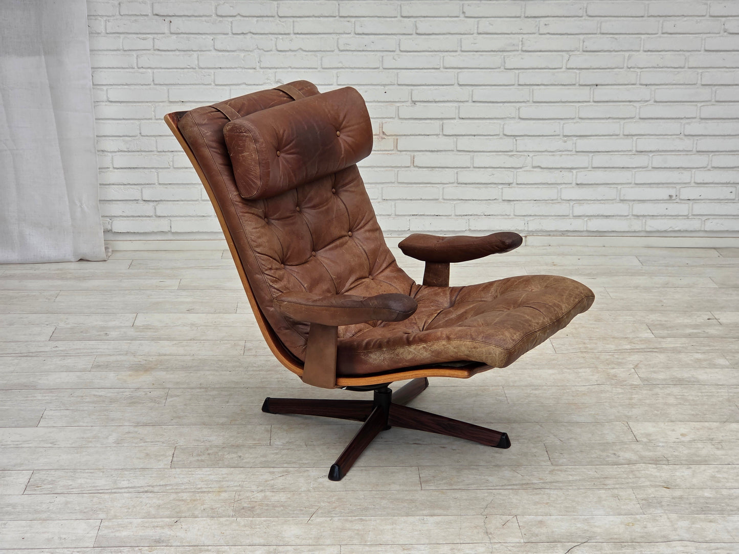 1960s, Scandinavian swivel armchair, brown furniture leather.