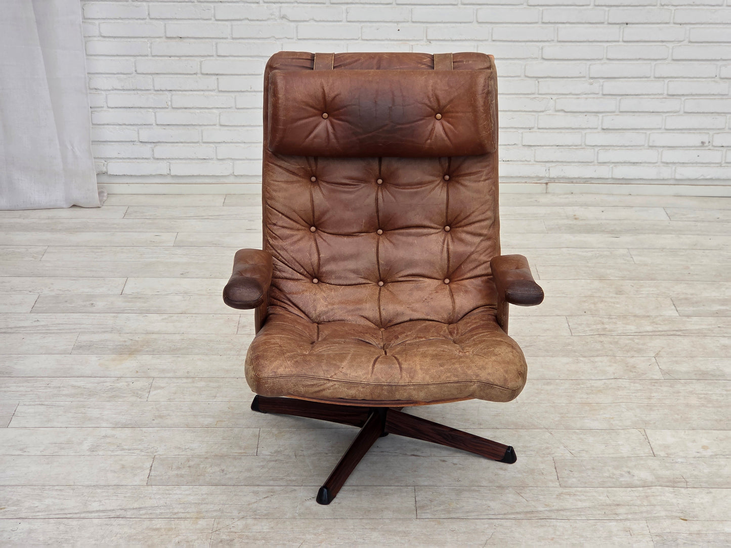 1960s, Scandinavian swivel armchair, brown furniture leather.