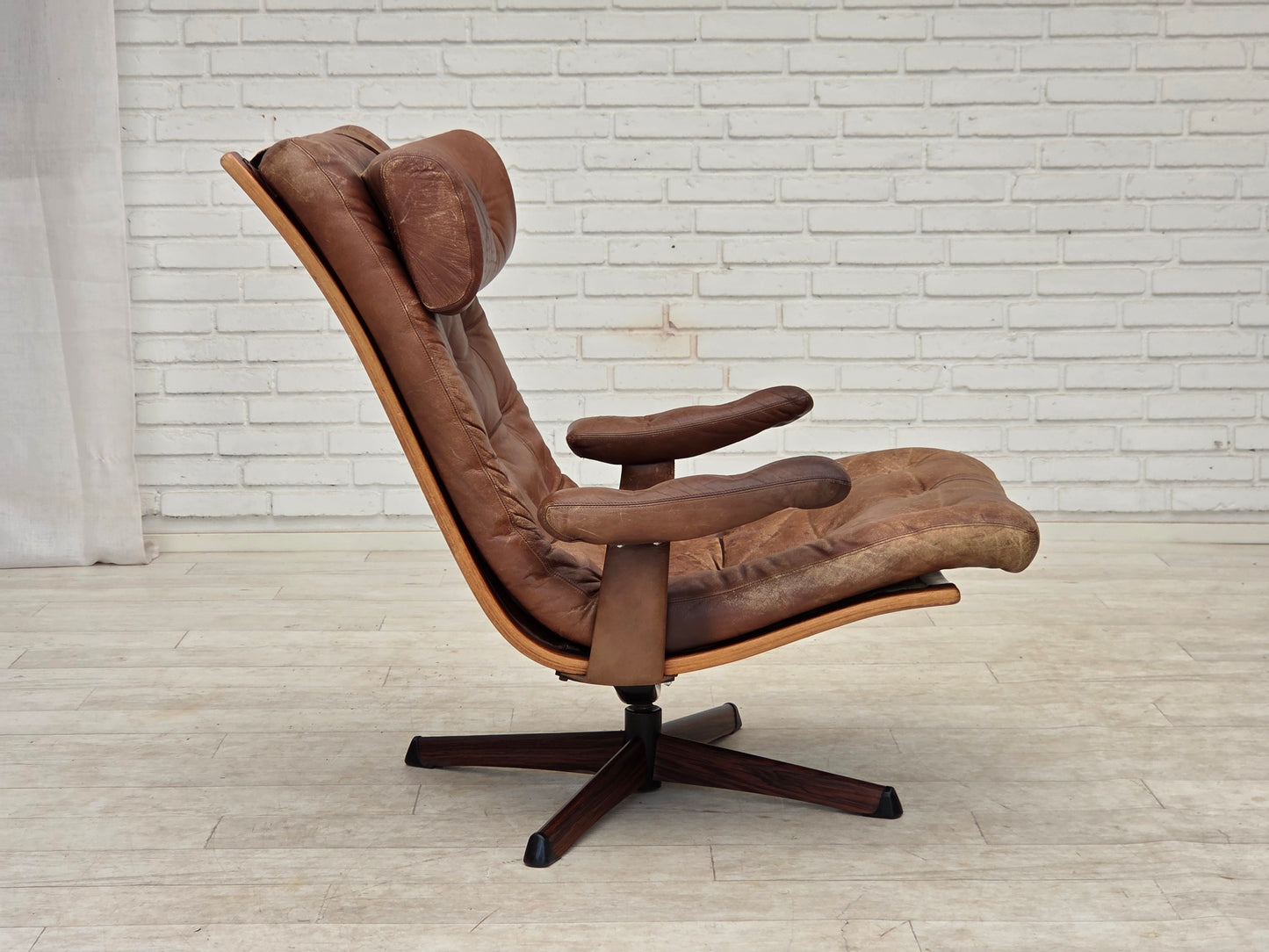 1960s, Scandinavian swivel armchair, brown furniture leather.