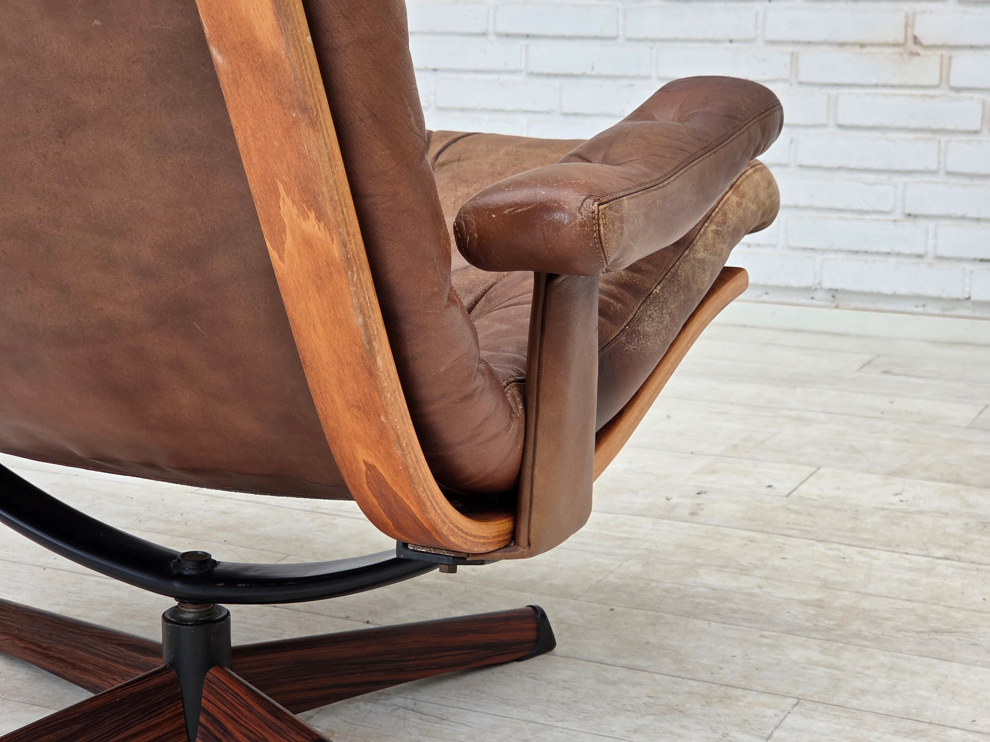 1960s, Scandinavian swivel armchair, brown furniture leather.