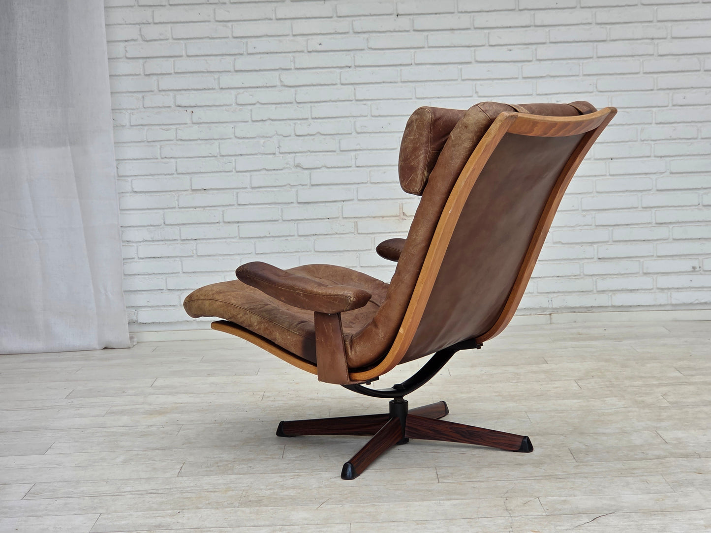 1960s, Scandinavian swivel armchair, brown furniture leather.