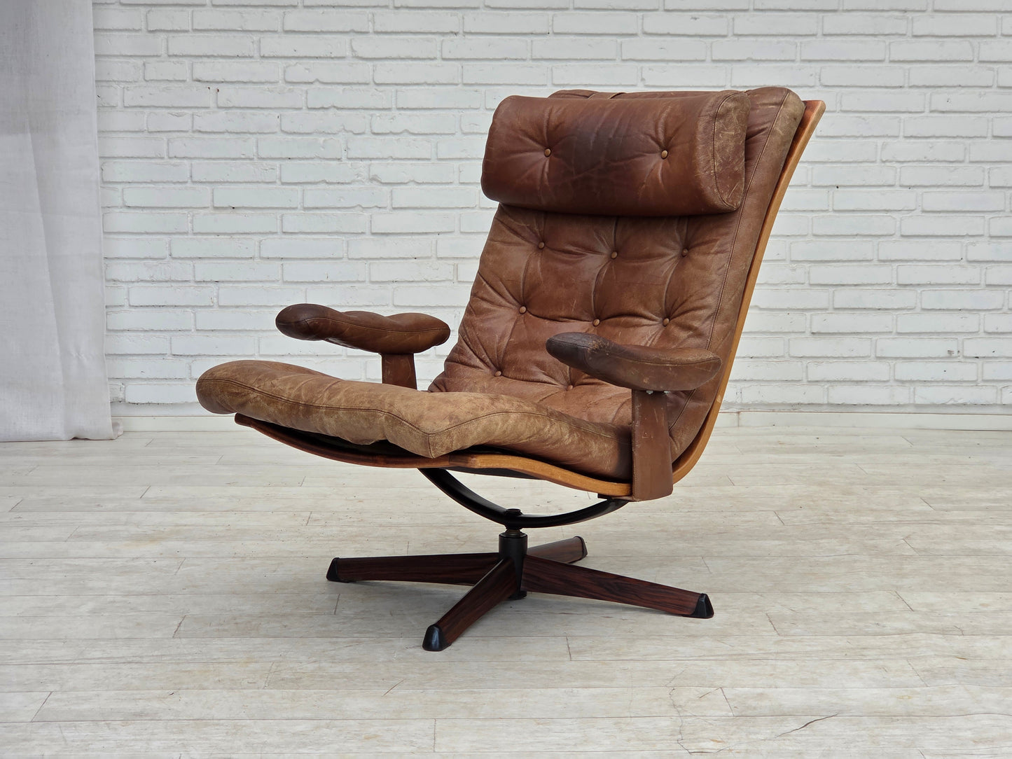 1960s, Scandinavian swivel armchair, brown furniture leather.